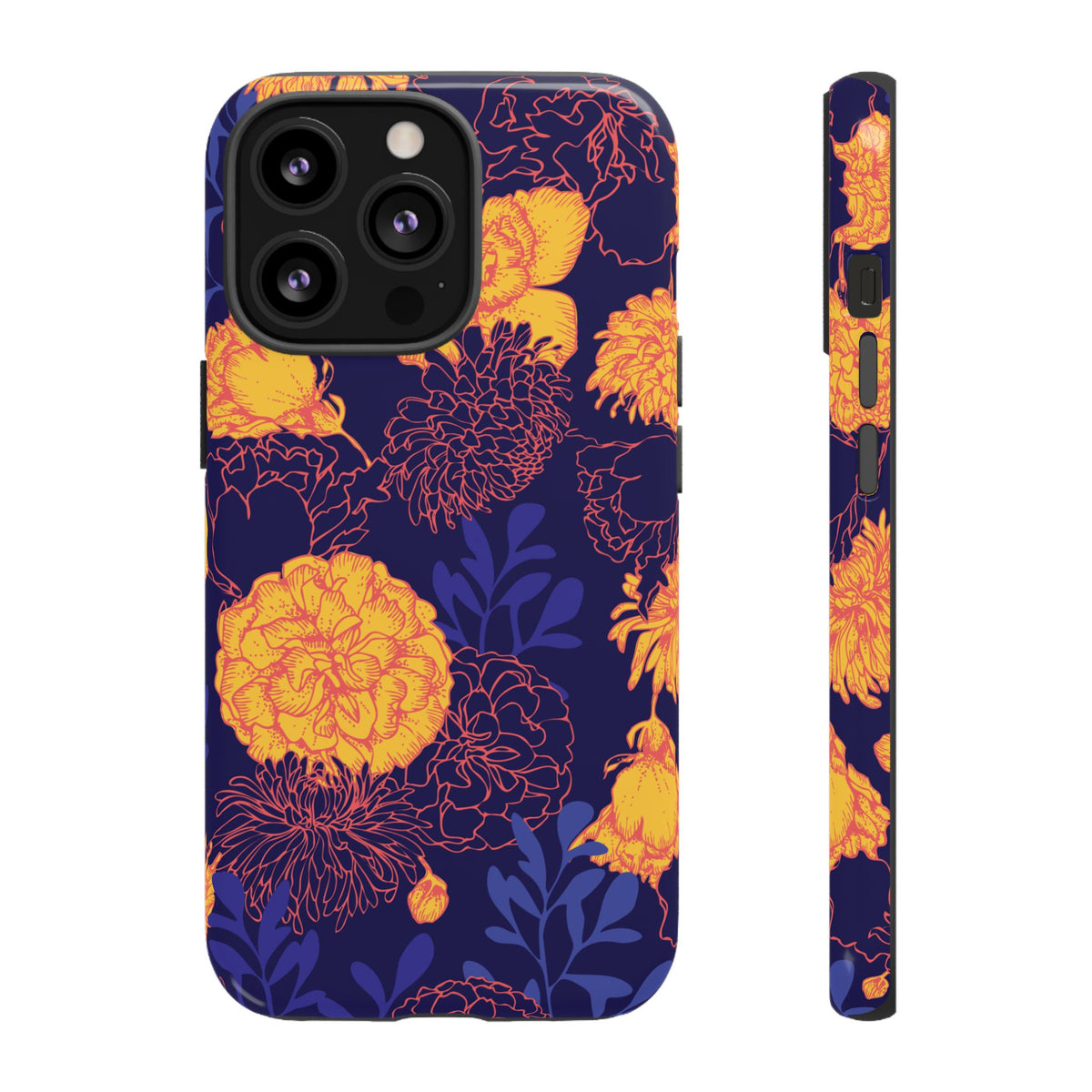 Floral Tough Phone Case — Bold Yellow Marigold Pattern on Deep Navy