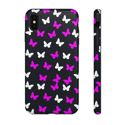 Butterfly Pattern Phone Case — Pink & White Butterflies on Black Tough Case