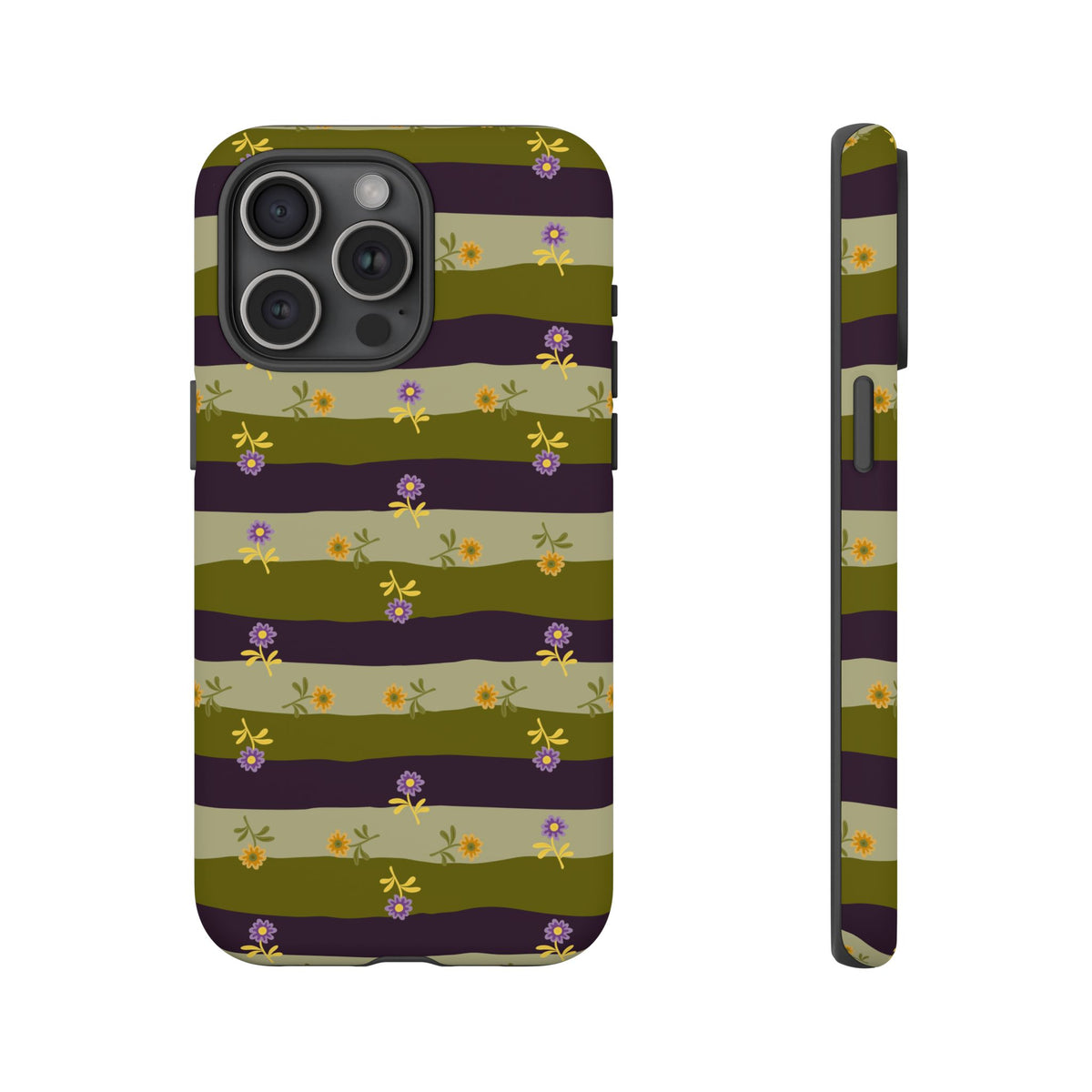 Floral Stripe Tough Phone Case — Olive & Plum Protective Cover