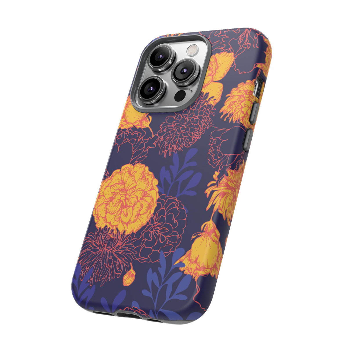 Floral Tough Phone Case — Bold Yellow Marigold Pattern on Deep Navy