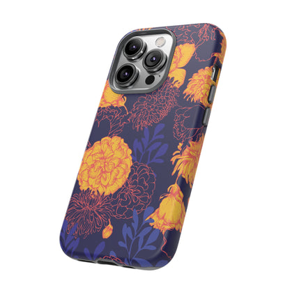 Floral Tough Phone Case — Bold Yellow Marigold Pattern on Deep Navy