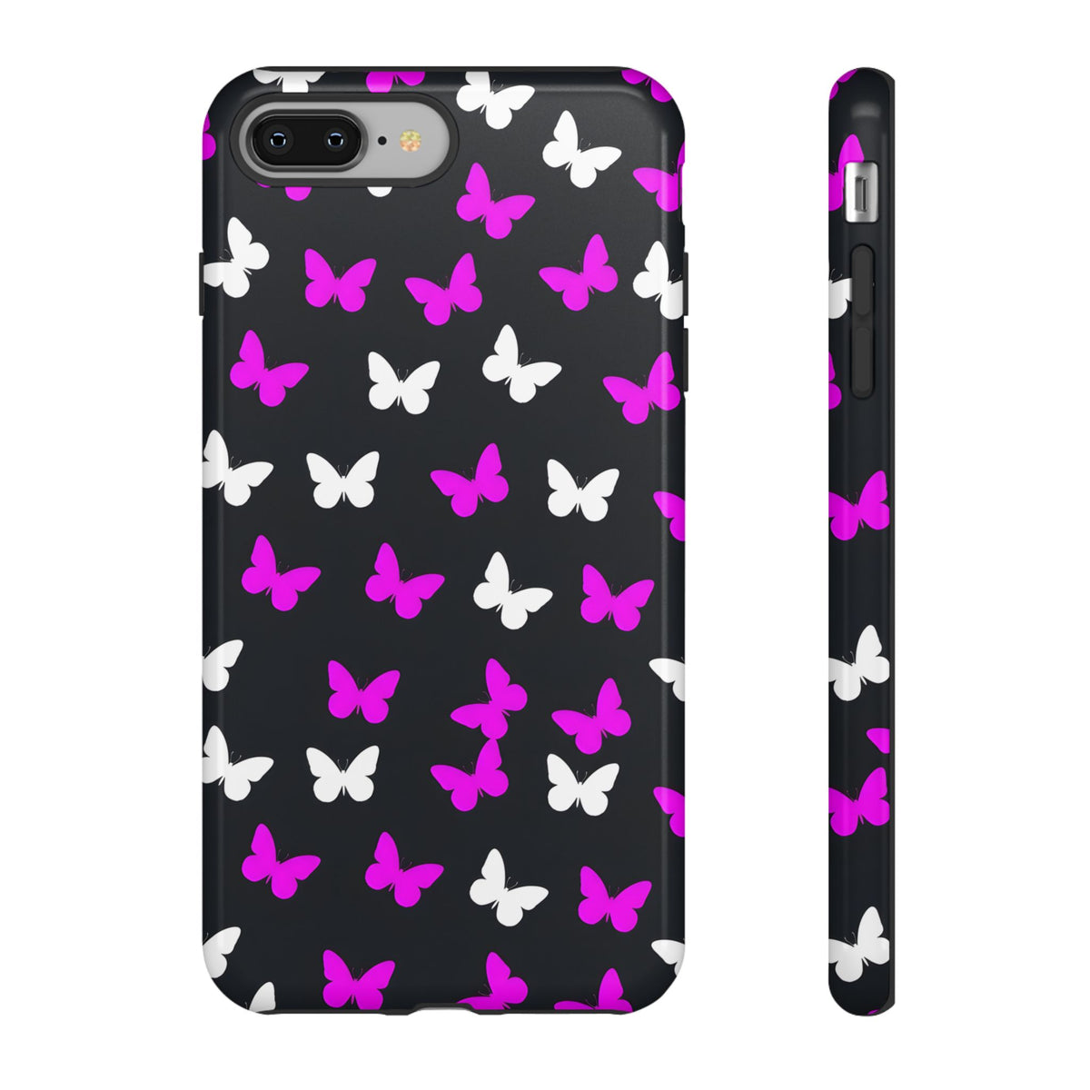 Butterfly Pattern Phone Case — Pink & White Butterflies on Black Tough Case