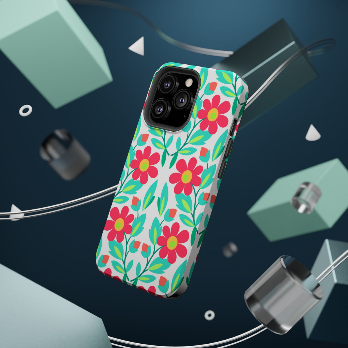 Floral Magnetic Impact-Resistant Phone Case — Pink & Teal Flower Pattern