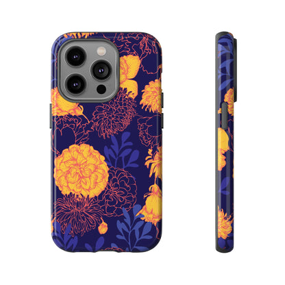 Floral Tough Phone Case — Bold Yellow Marigold Pattern on Deep Navy