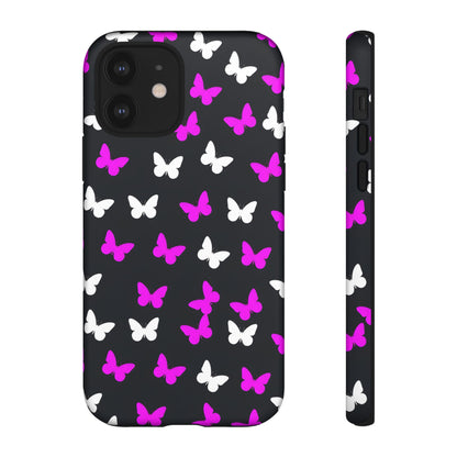 Butterfly Pattern Phone Case — Pink & White Butterflies on Black Tough Case