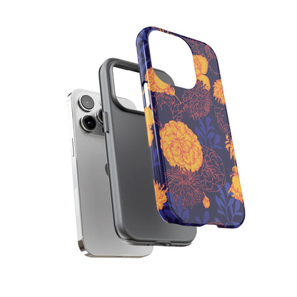 Floral Tough Phone Case — Bold Yellow Marigold Pattern on Deep Navy