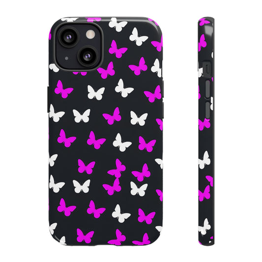 Butterfly Pattern Phone Case — Pink & White Butterflies on Black Tough Case
