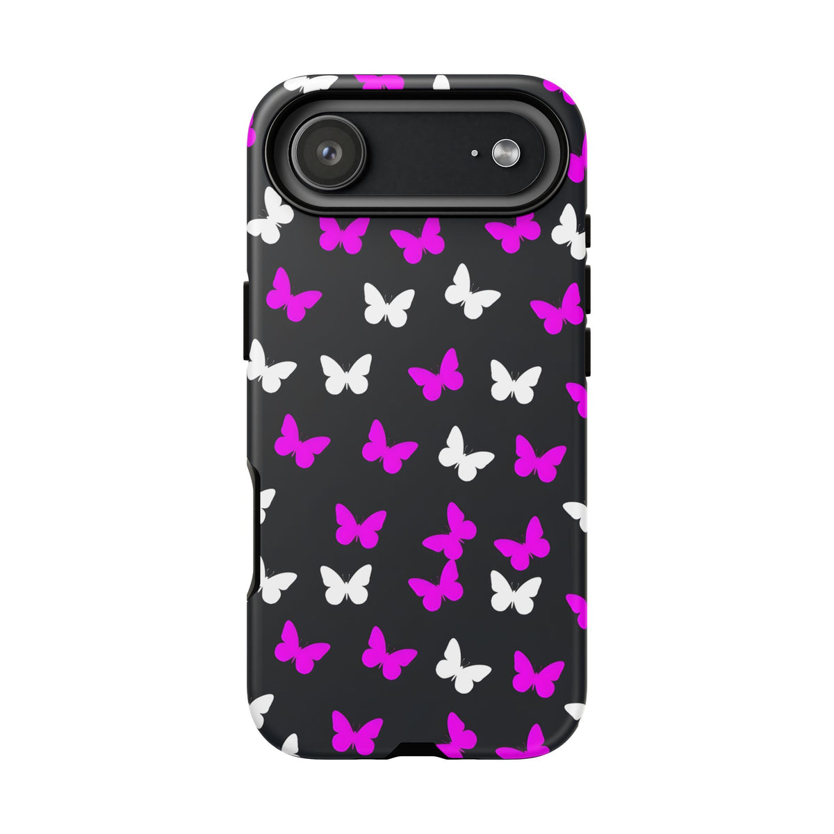 Butterfly Pattern Phone Case — Pink & White Butterflies on Black Tough Case