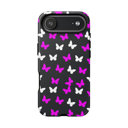 Butterfly Pattern Phone Case — Pink & White Butterflies on Black Tough Case