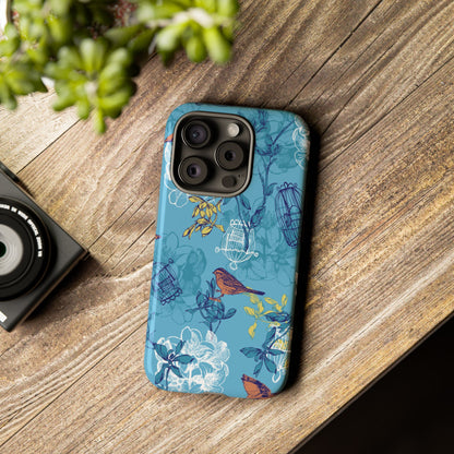 Floral Bird Tough Phone Case — Blue Birdcage Pattern