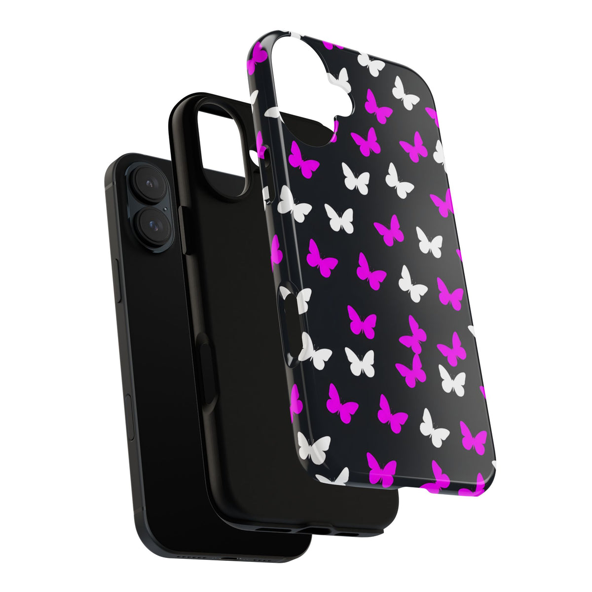 Butterfly Pattern Phone Case — Pink & White Butterflies on Black Tough Case