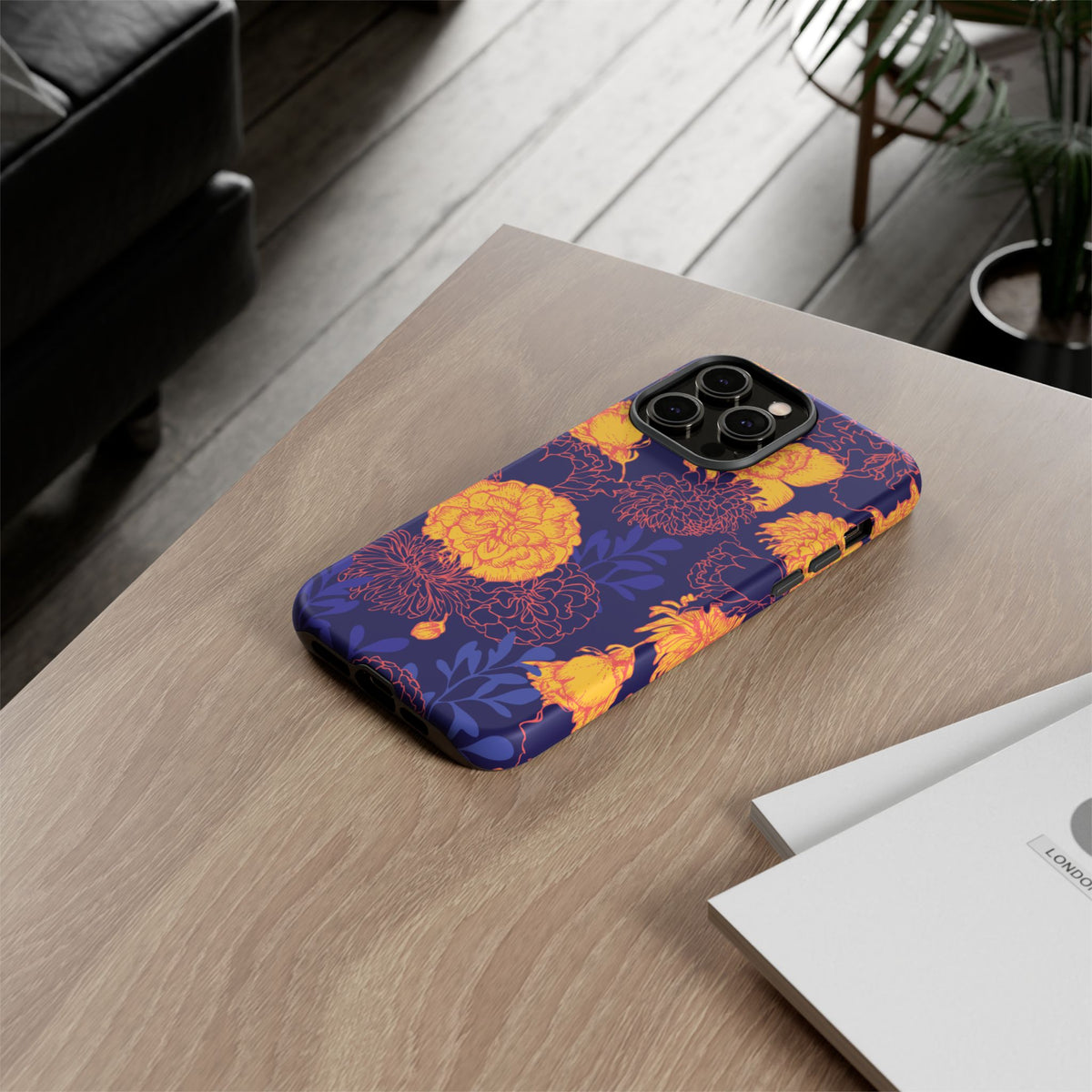Floral Tough Phone Case — Bold Yellow Marigold Pattern on Deep Navy