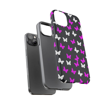 Butterfly Pattern Phone Case — Pink & White Butterflies on Black Tough Case