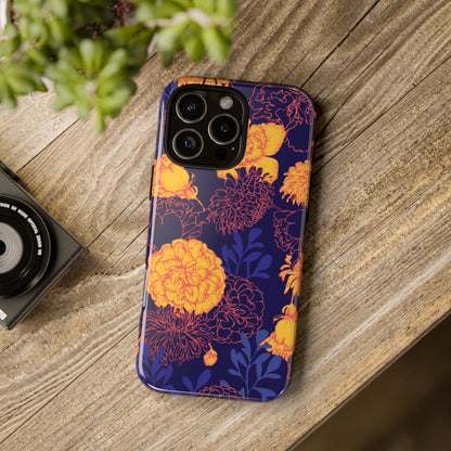 Floral Tough Phone Case — Bold Yellow Marigold Pattern on Deep Navy