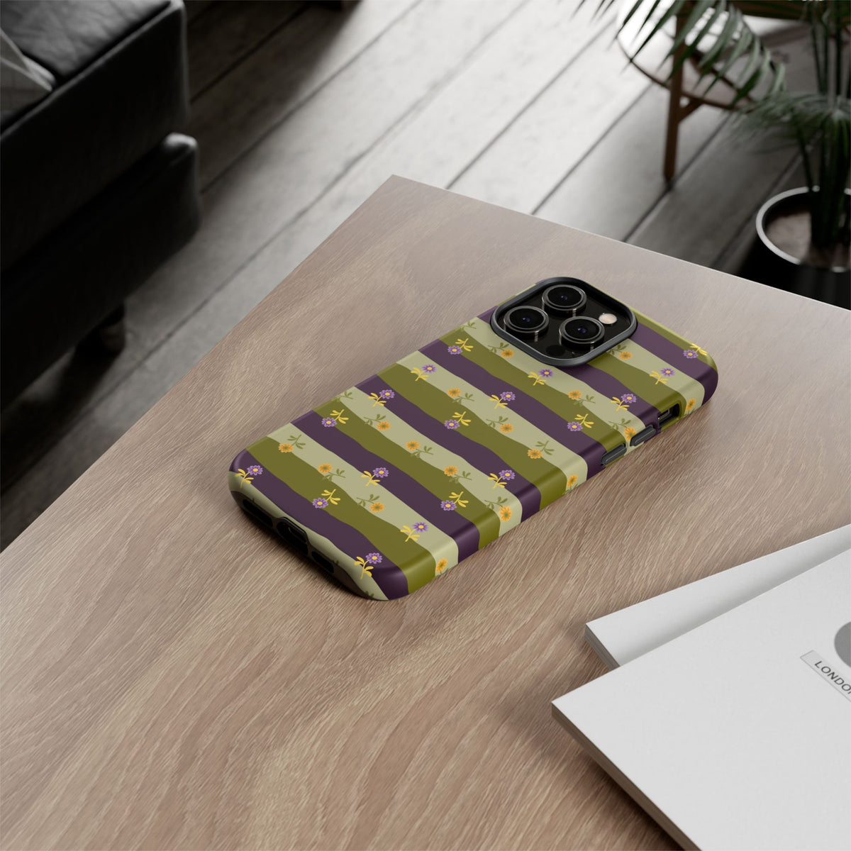 Floral Stripe Tough Phone Case — Olive & Plum Protective Cover