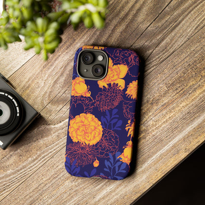 Floral Tough Phone Case — Bold Yellow Marigold Pattern on Deep Navy