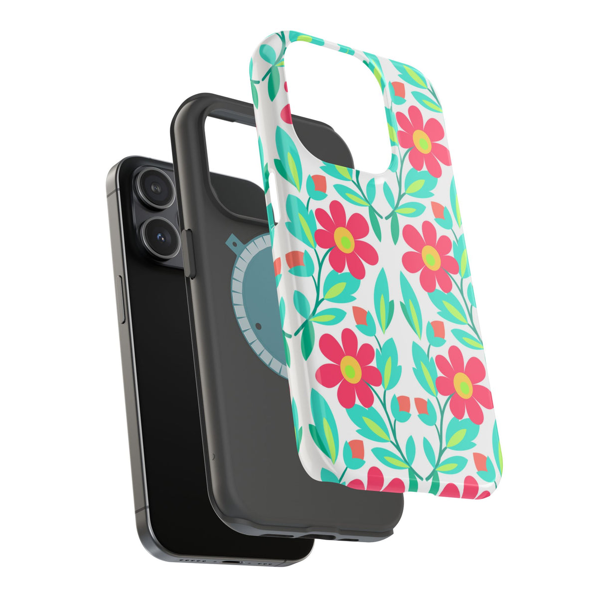 Floral Magnetic Impact-Resistant Phone Case — Pink & Teal Flower Pattern