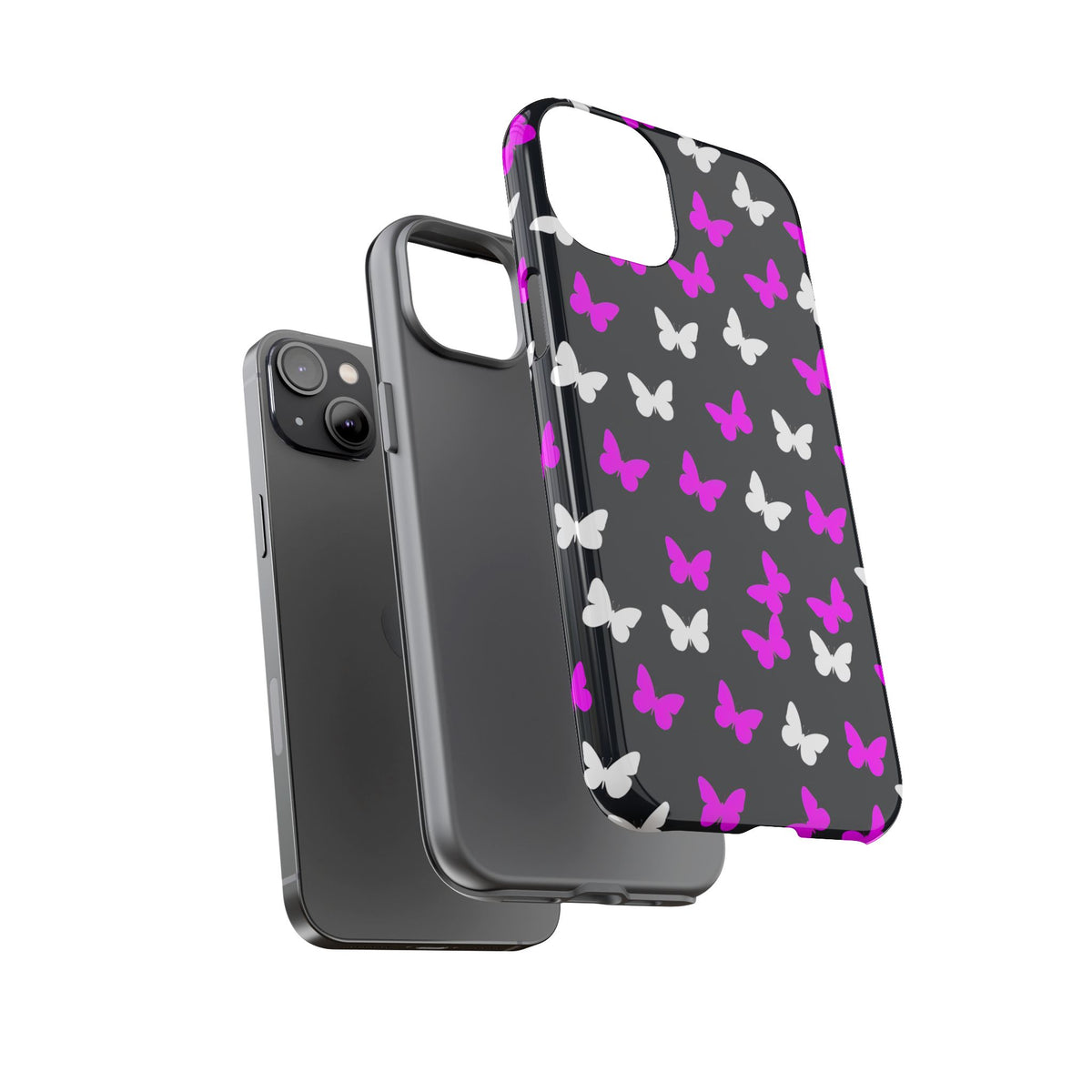Butterfly Pattern Phone Case — Pink & White Butterflies on Black Tough Case