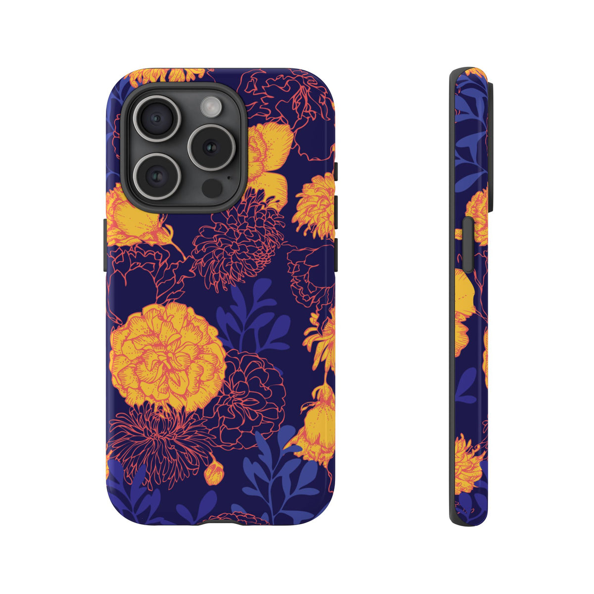 Floral Tough Phone Case — Bold Yellow Marigold Pattern on Deep Navy