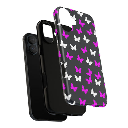 Butterfly Pattern Phone Case — Pink & White Butterflies on Black Tough Case