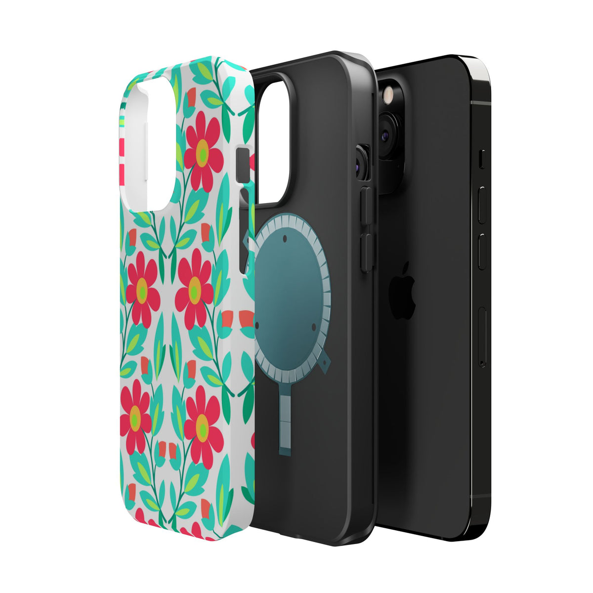 Floral Magnetic Impact-Resistant Phone Case — Pink & Teal Flower Pattern