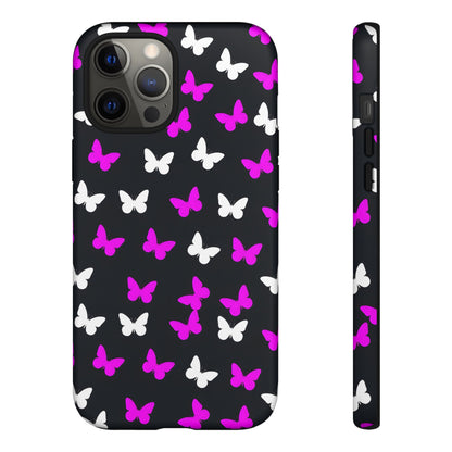 Butterfly Pattern Phone Case — Pink & White Butterflies on Black Tough Case