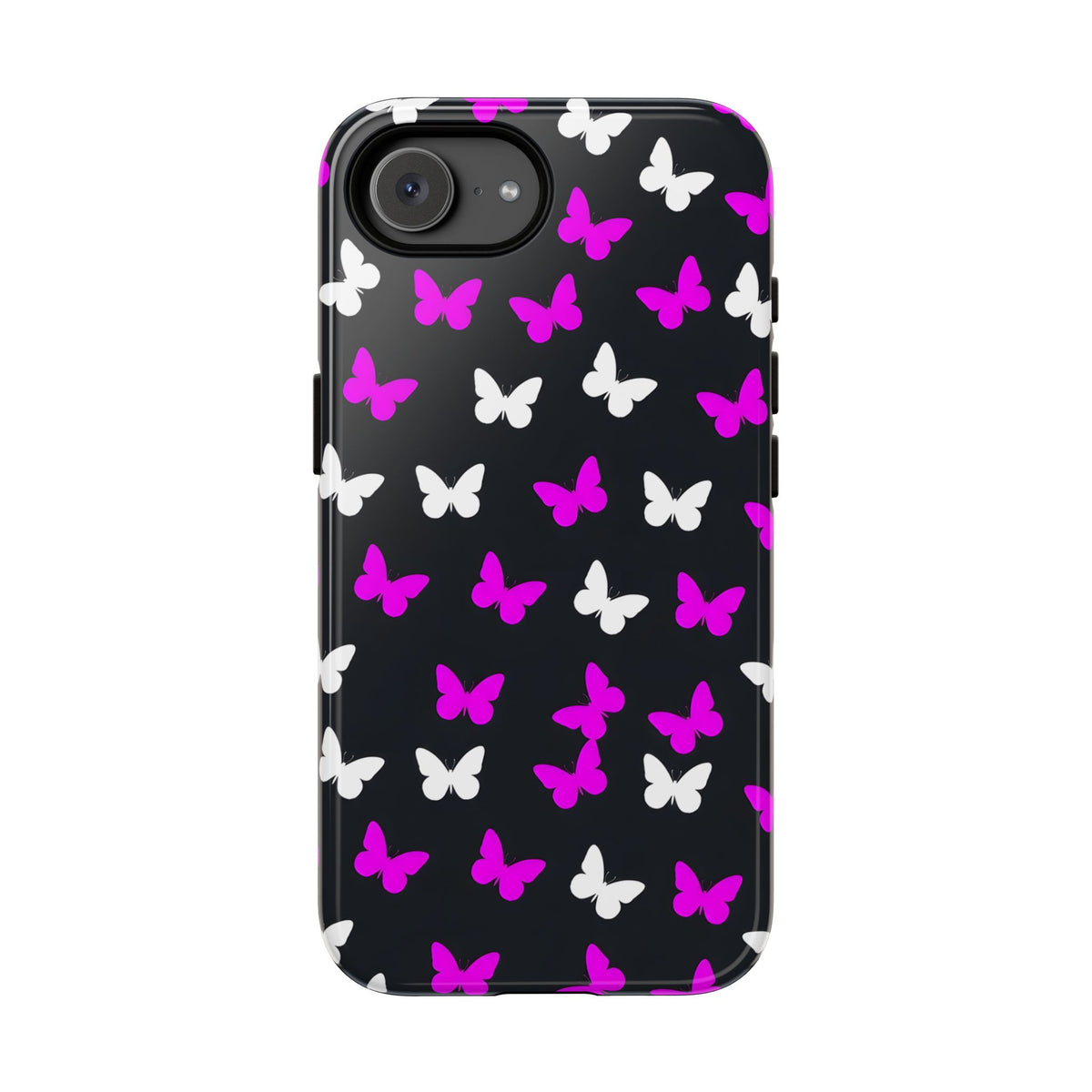 Butterfly Pattern Phone Case — Pink & White Butterflies on Black Tough Case
