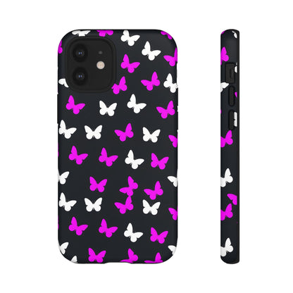 Butterfly Pattern Phone Case — Pink & White Butterflies on Black Tough Case