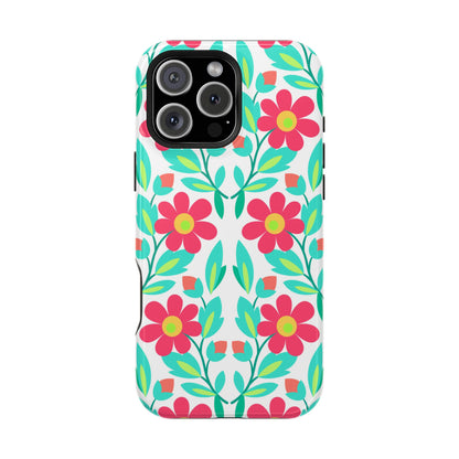 Floral Magnetic Impact-Resistant Phone Case — Pink & Teal Flower Pattern