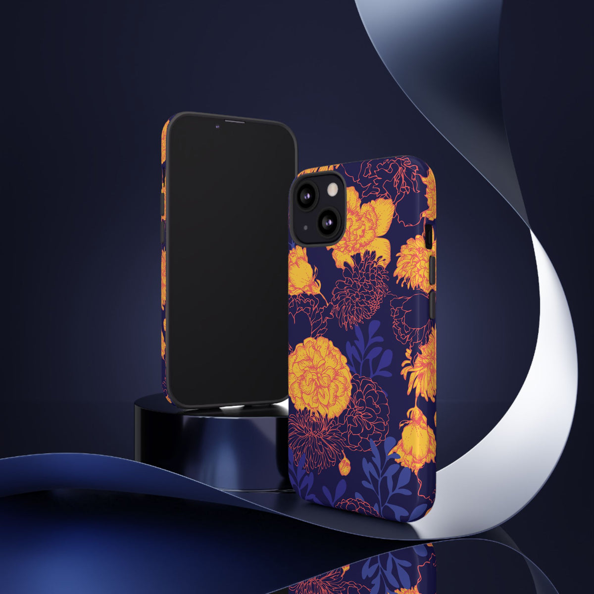 Floral Tough Phone Case — Bold Yellow Marigold Pattern on Deep Navy