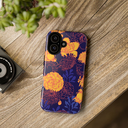Floral Tough Phone Case — Bold Yellow Marigold Pattern on Deep Navy