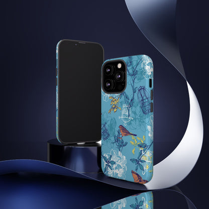 Floral Bird Tough Phone Case — Blue Birdcage Pattern