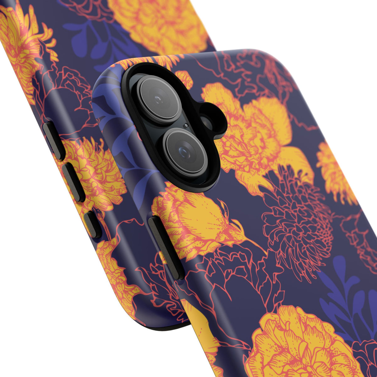 Floral Tough Phone Case — Bold Yellow Marigold Pattern on Deep Navy