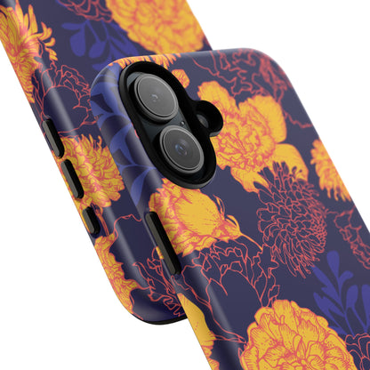 Floral Tough Phone Case — Bold Yellow Marigold Pattern on Deep Navy