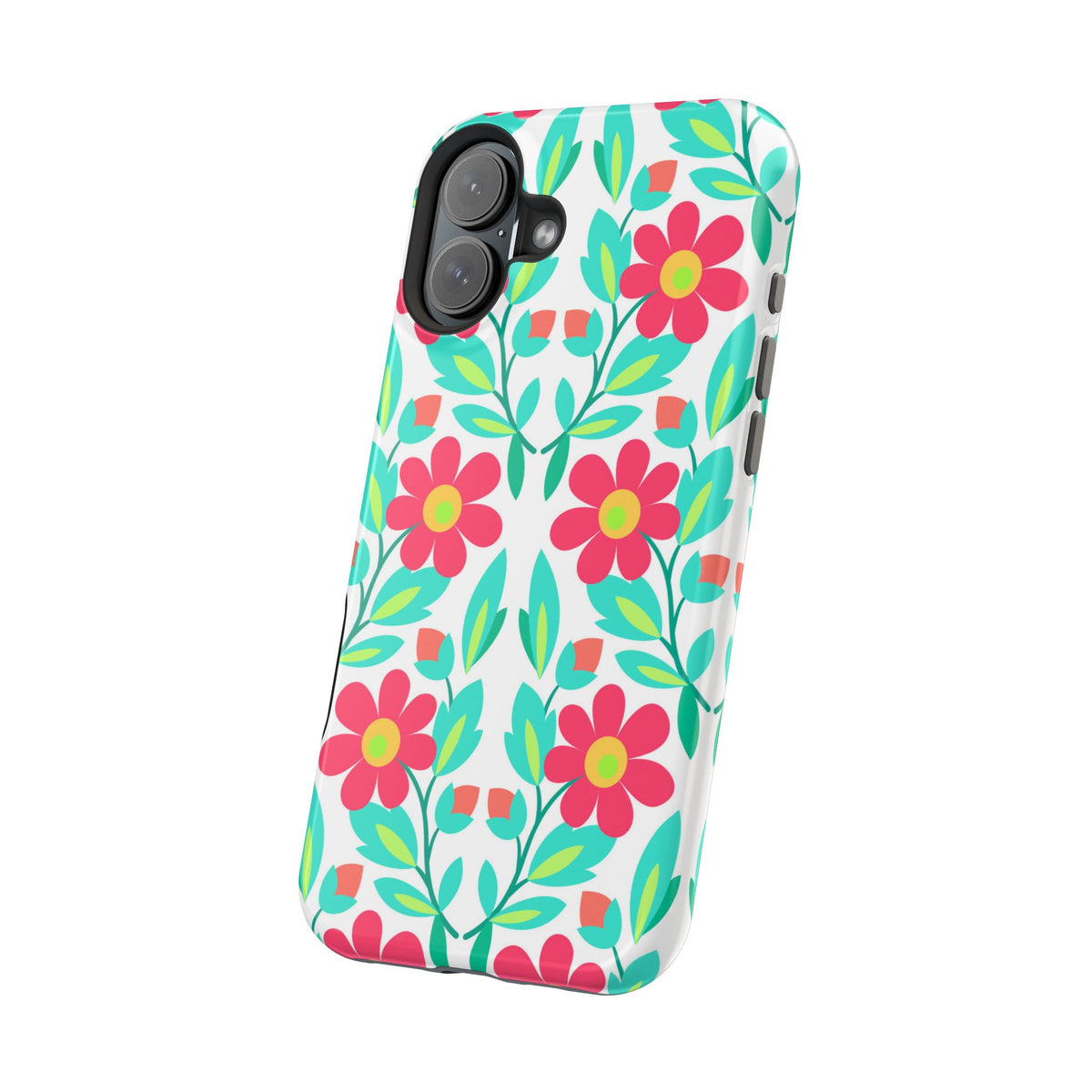Floral Magnetic Impact-Resistant Phone Case — Pink & Teal Flower Pattern