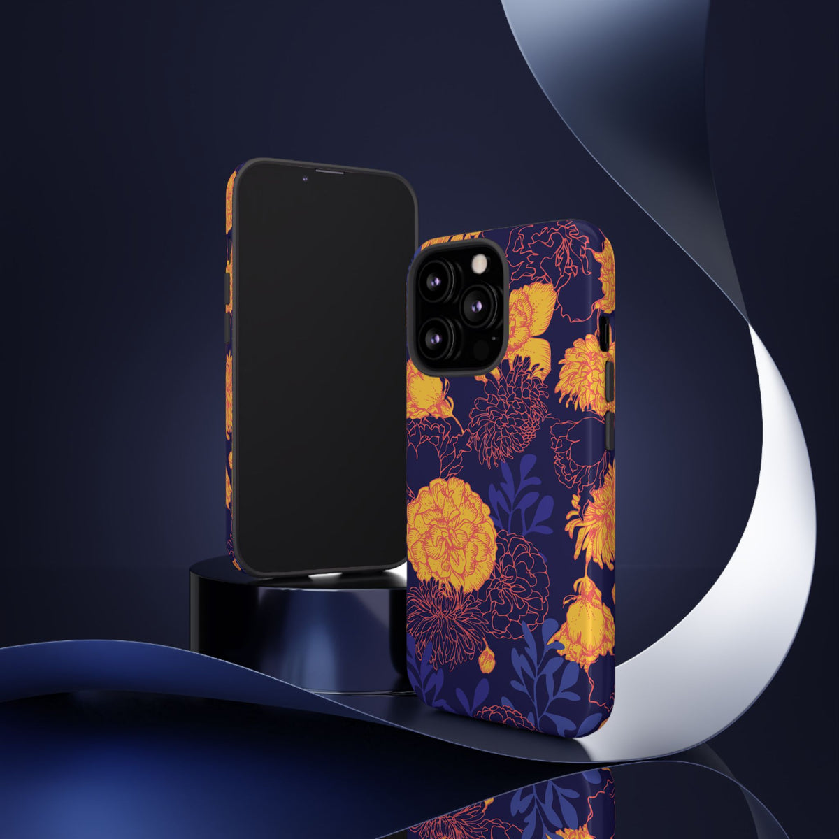 Floral Tough Phone Case — Bold Yellow Marigold Pattern on Deep Navy