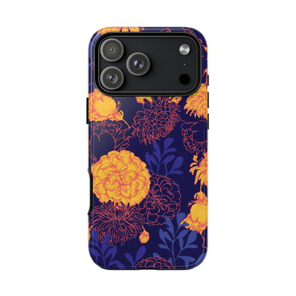 Floral Tough Phone Case — Bold Yellow Marigold Pattern on Deep Navy