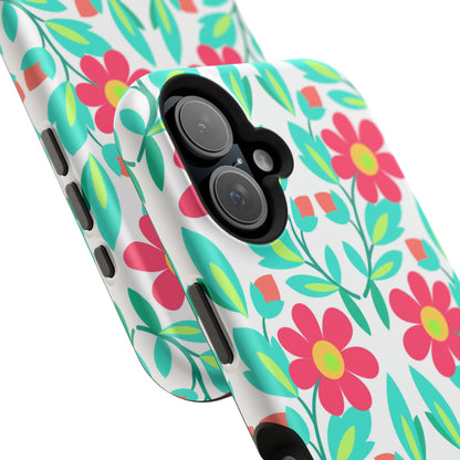Floral Magnetic Impact-Resistant Phone Case — Pink & Teal Flower Pattern
