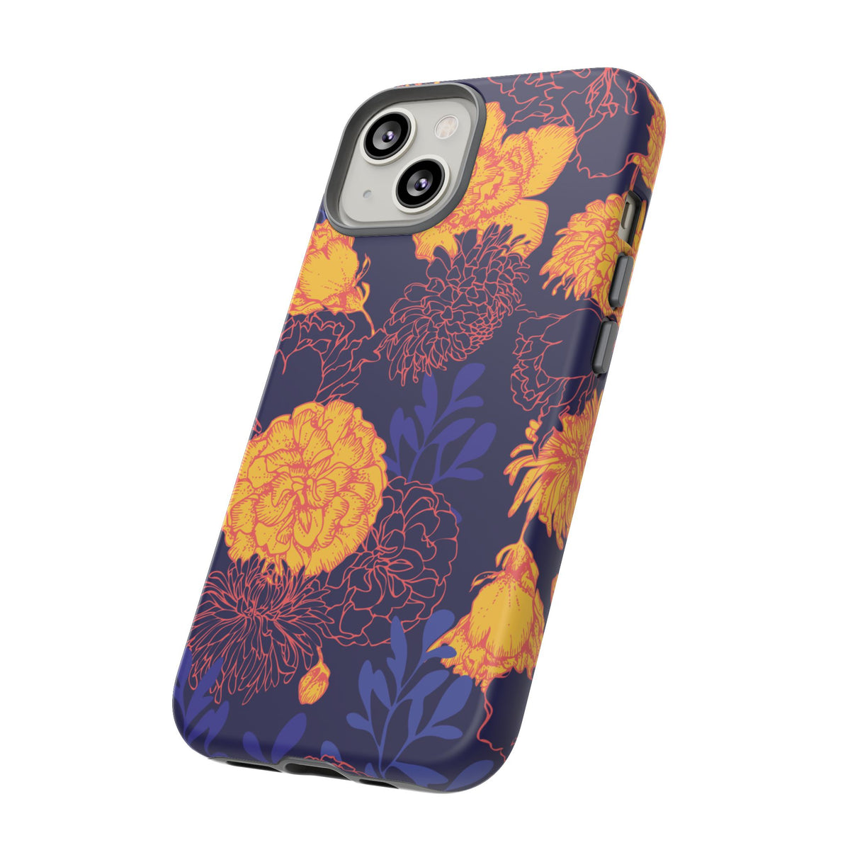 Floral Tough Phone Case — Bold Yellow Marigold Pattern on Deep Navy