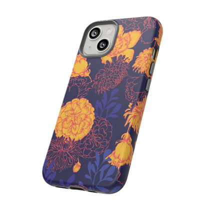 Floral Tough Phone Case — Bold Yellow Marigold Pattern on Deep Navy