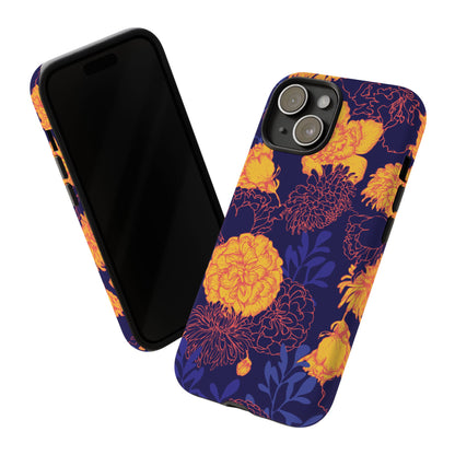Floral Tough Phone Case — Bold Yellow Marigold Pattern on Deep Navy