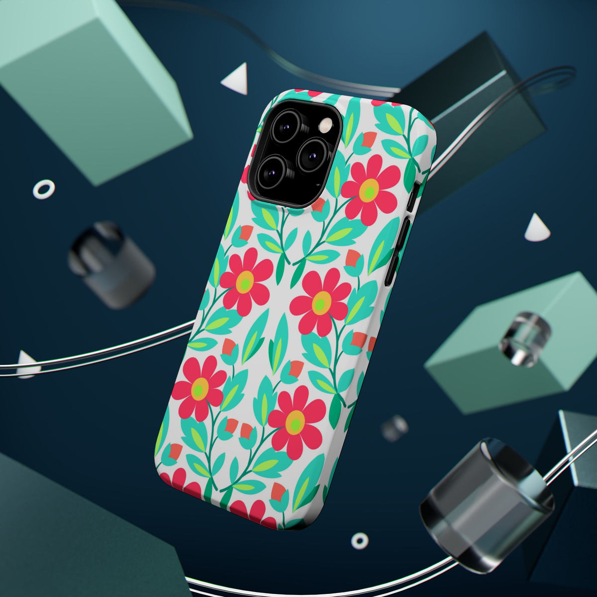 Floral Magnetic Impact-Resistant Phone Case — Pink & Teal Flower Pattern