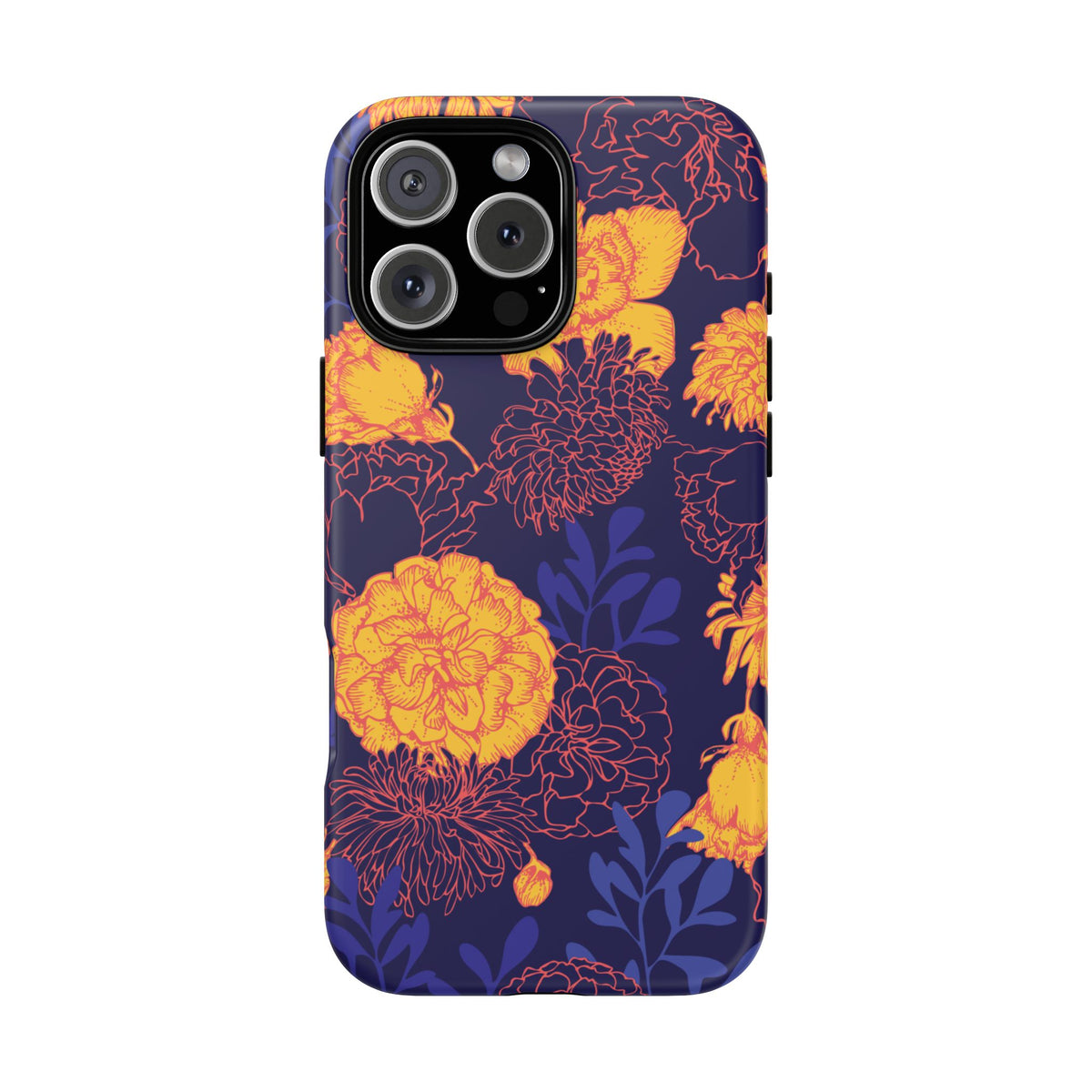 Floral Tough Phone Case — Bold Yellow Marigold Pattern on Deep Navy