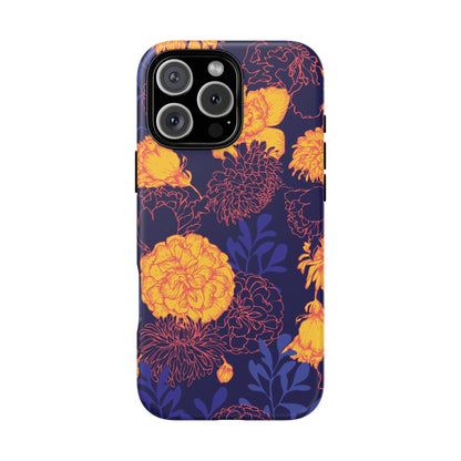 Floral Tough Phone Case — Bold Yellow Marigold Pattern on Deep Navy
