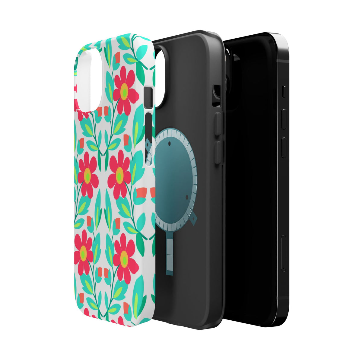 Floral Magnetic Impact-Resistant Phone Case — Pink & Teal Flower Pattern