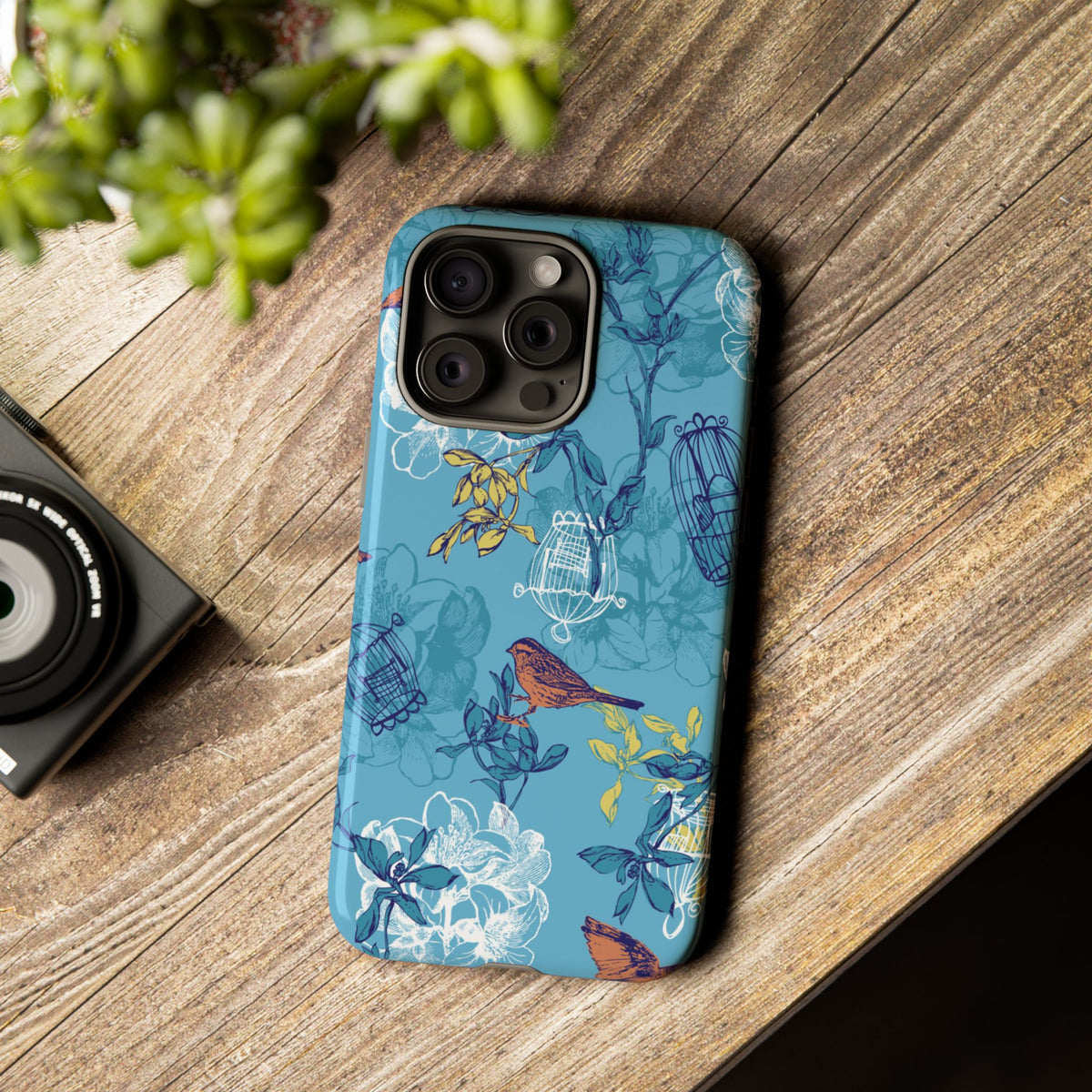 Floral Bird Tough Phone Case — Blue Birdcage Pattern