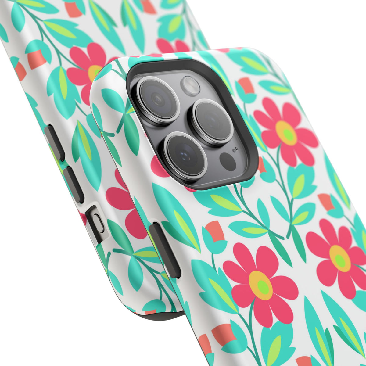 Floral Magnetic Impact-Resistant Phone Case — Pink & Teal Flower Pattern