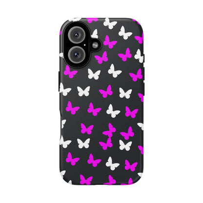 Butterfly Pattern Phone Case — Pink & White Butterflies on Black Tough Case