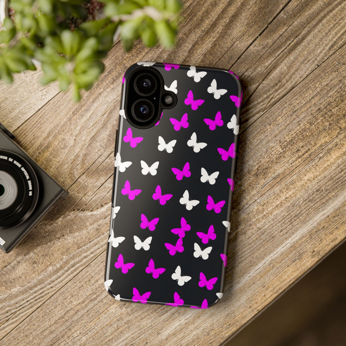 Butterfly Pattern Phone Case — Pink & White Butterflies on Black Tough Case