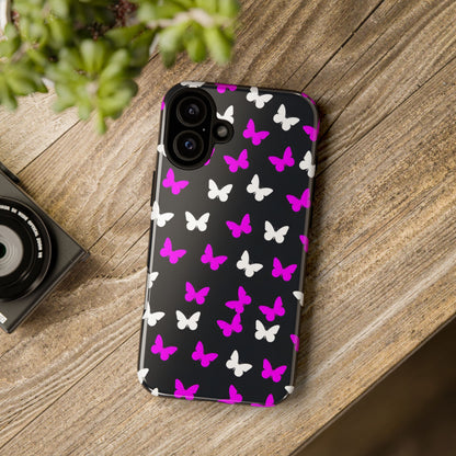 Butterfly Pattern Phone Case — Pink & White Butterflies on Black Tough Case